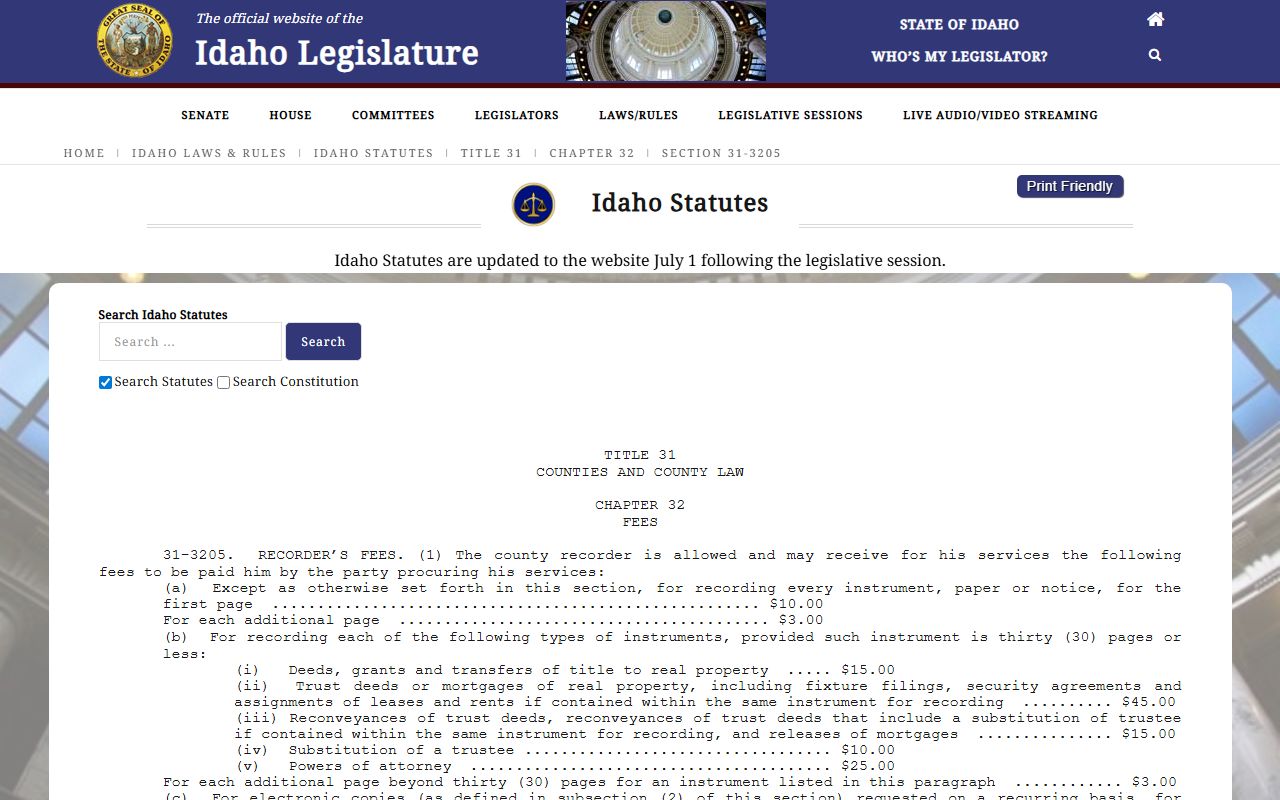 Blaine County clerk records fee statute for court and recorded copies