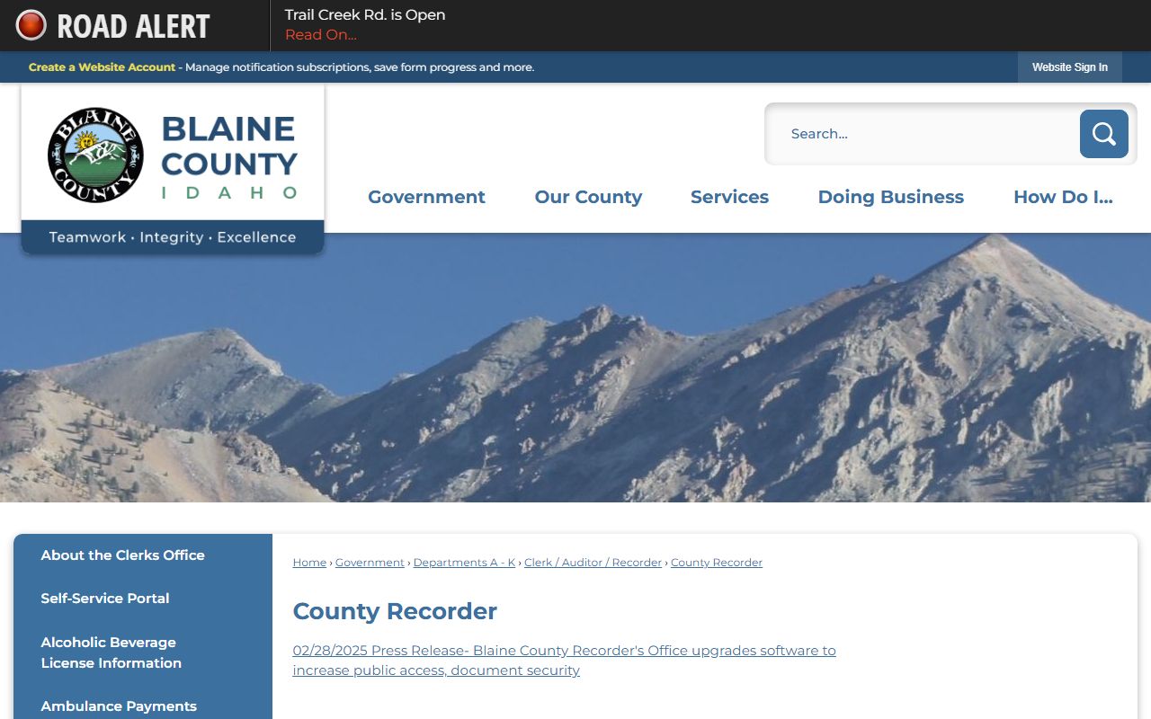 Blaine County clerk records county recorder page