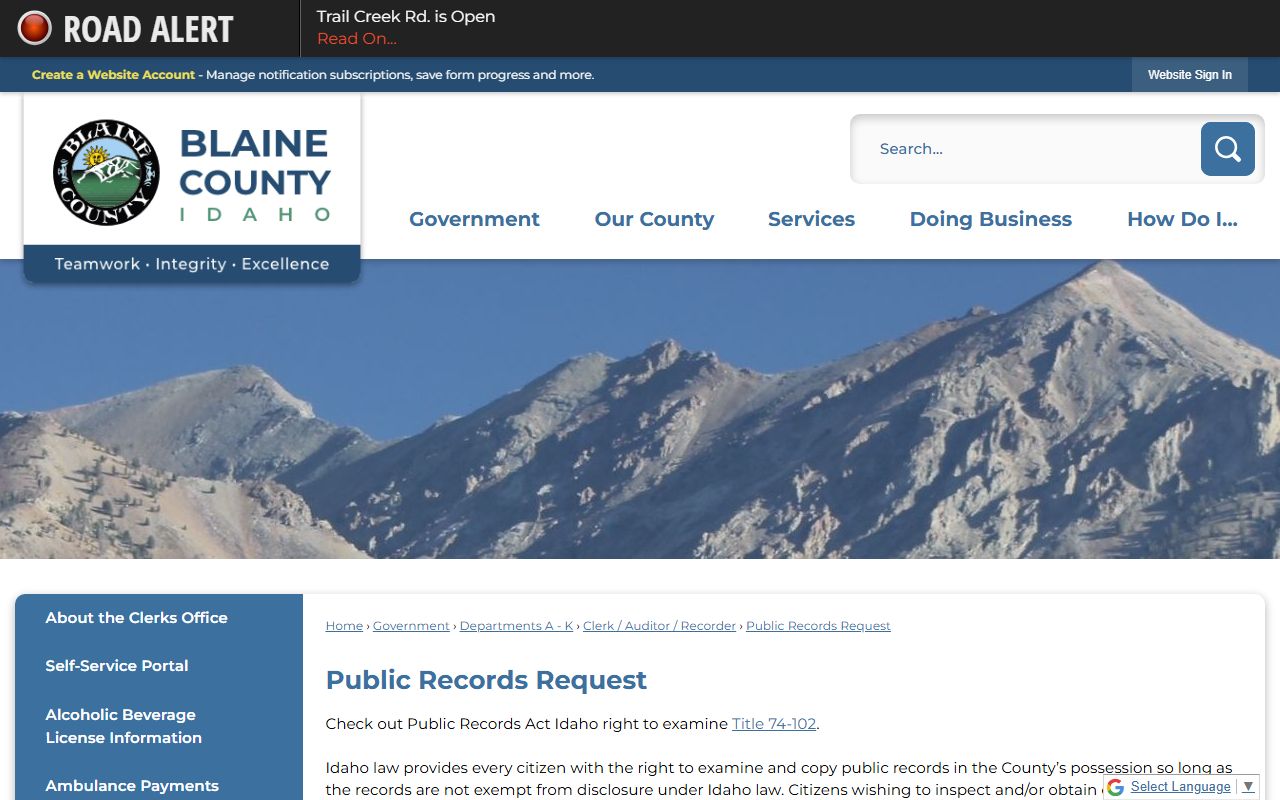 Blaine County court records public records request page