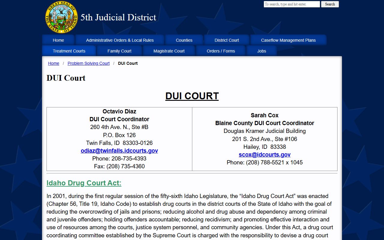 Blaine County criminal court records Fifth District DUI Court