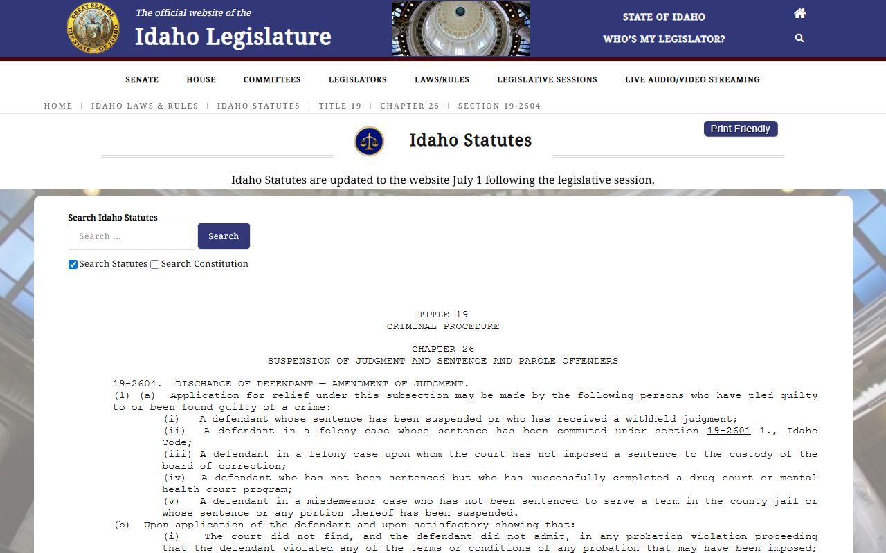 Blaine County criminal court records Idaho criminal dismissal relief statute