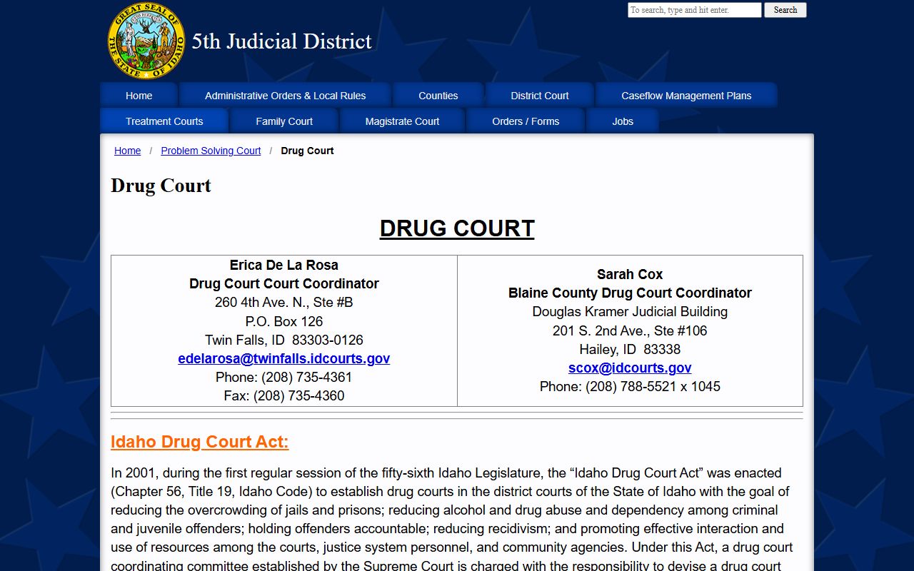 Blaine County criminal court records Fifth District Drug Court
