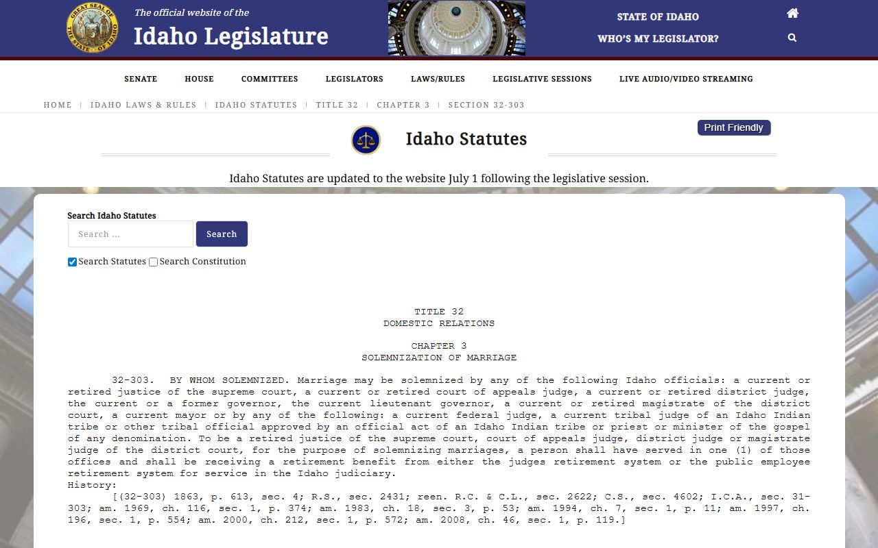 Blaine County marriage records Idaho marriage solemnization statute