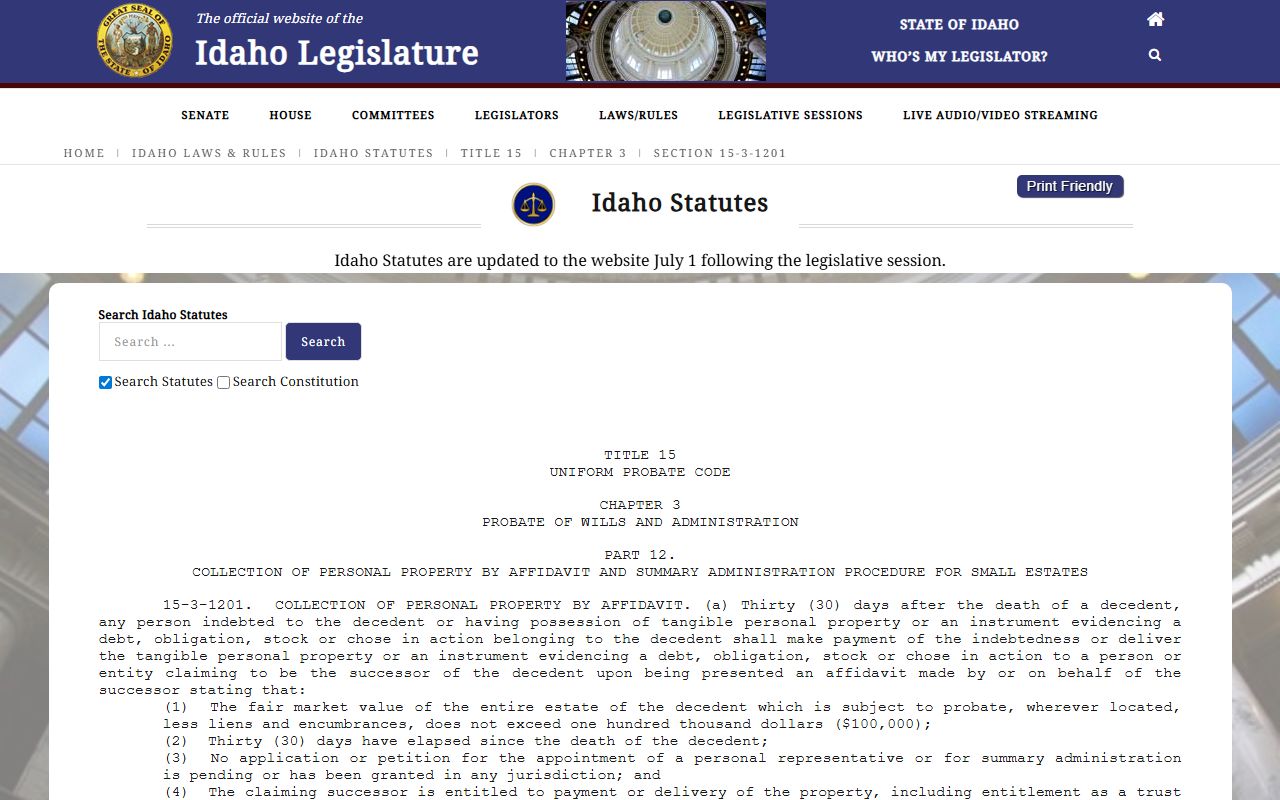 Blaine County probate records Idaho small estate affidavit statute