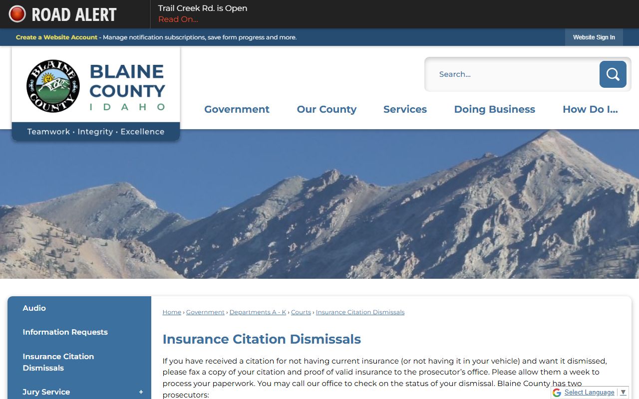 Blaine County traffic court records insurance citation dismissal source