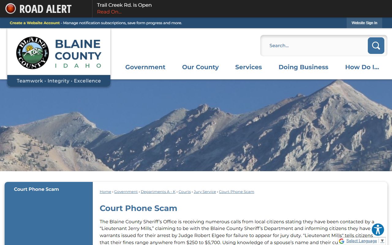 Blaine County warrant search court phone scam notice
