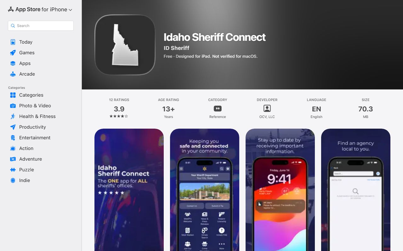 Blaine County warrant search Idaho Sheriff Connect app listing