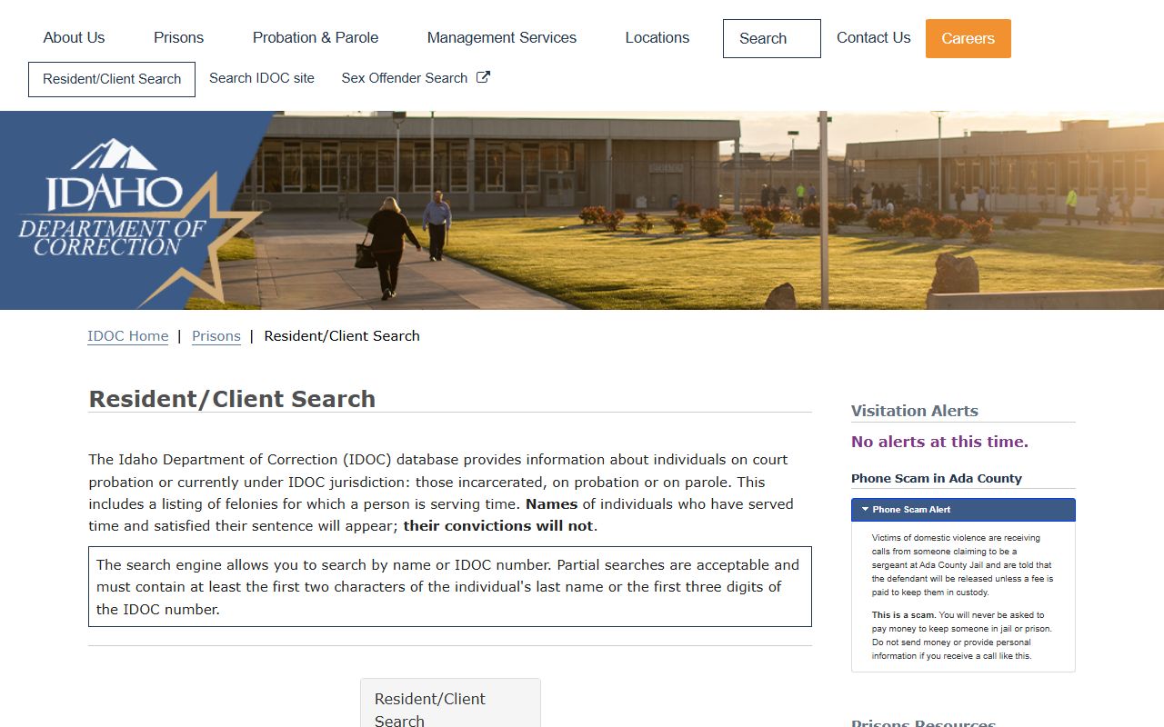 Blaine County warrant records Idaho DOC resident client search